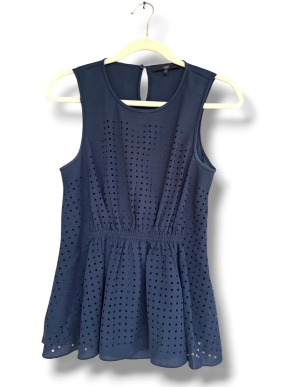 Tibi Navy Windowpane Laser-Cut-Out Sleeveless Blouse Size 4